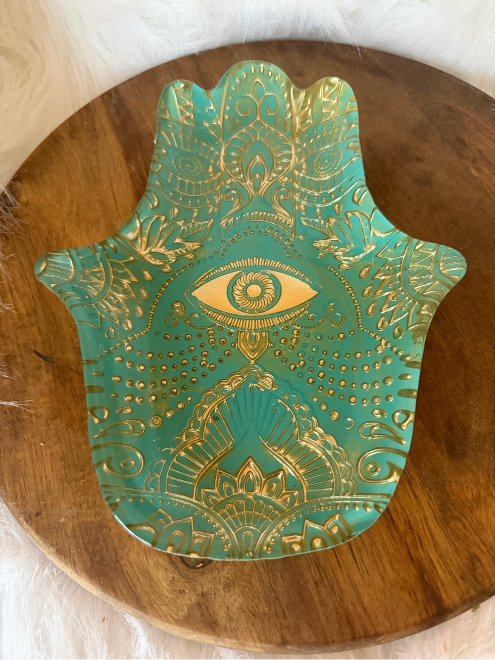 Gold Embossed Hamsa Hand Decorative Tray - Teal & Gold